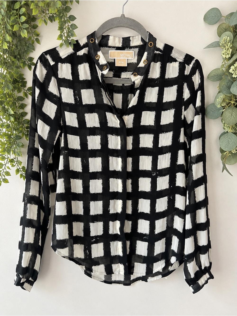 Michael Kors Petite M Black White Geometric Sheer Long Sleeve Blouse